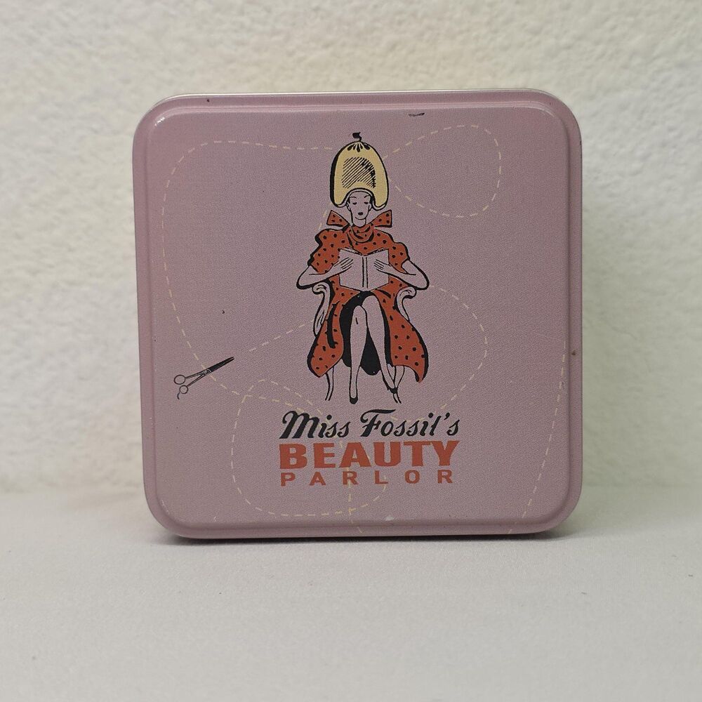 Collectible Vintage 2001 Miss Fossils beauty parlor watch Empty Tin Retro pink